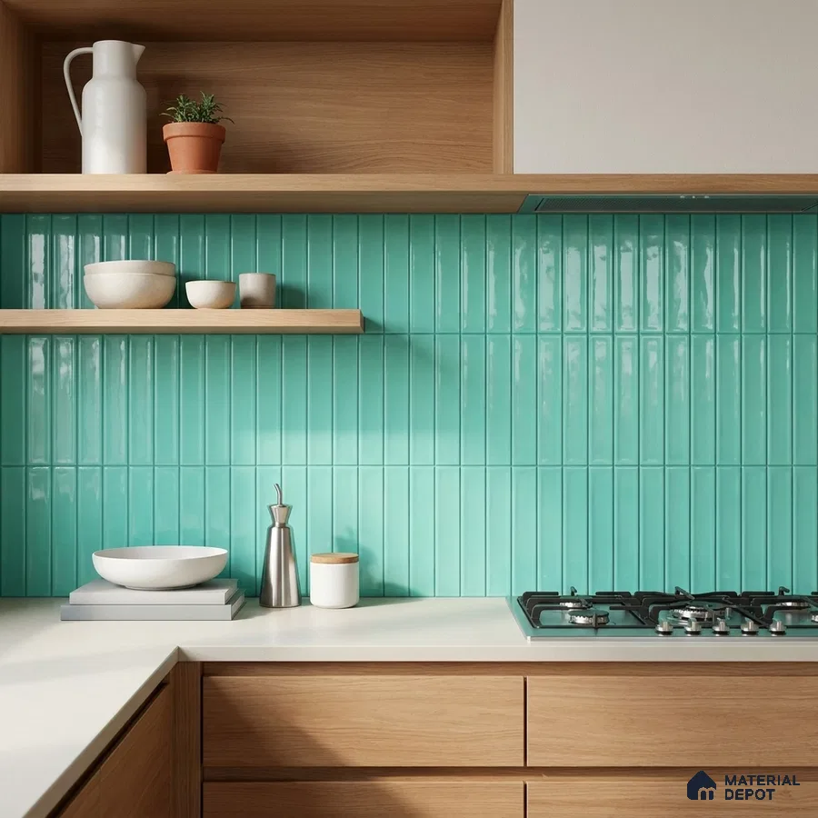 Modern Kitchen with Teal Green Glossy Stacked Subway Tile and Walnut Cabinets