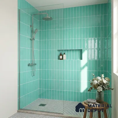 Modern Bathroom with Teal Green Glossy Vertical Subway Tile