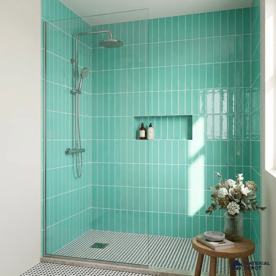 Modern Bathroom with Teal Green Glossy Vertical Subway Tile