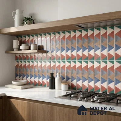 Mid-century Modern Kitchen with Multicolour Geometric Triangle Tile Backsplash