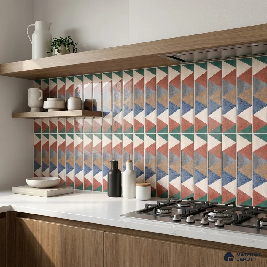 Mid-century Modern Kitchen with Multicolour Geometric Triangle Tile Backsplash