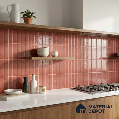 Modern Kitchen with Coral Red Glossy Stacked Subway Tile and Walnut Cabinets