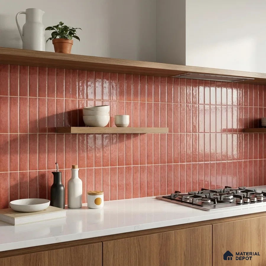 Modern Kitchen with Coral Red Glossy Stacked Subway Tile and Walnut Cabinets