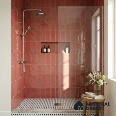 Modern Bathroom with Terracotta Red Glossy Square Tile