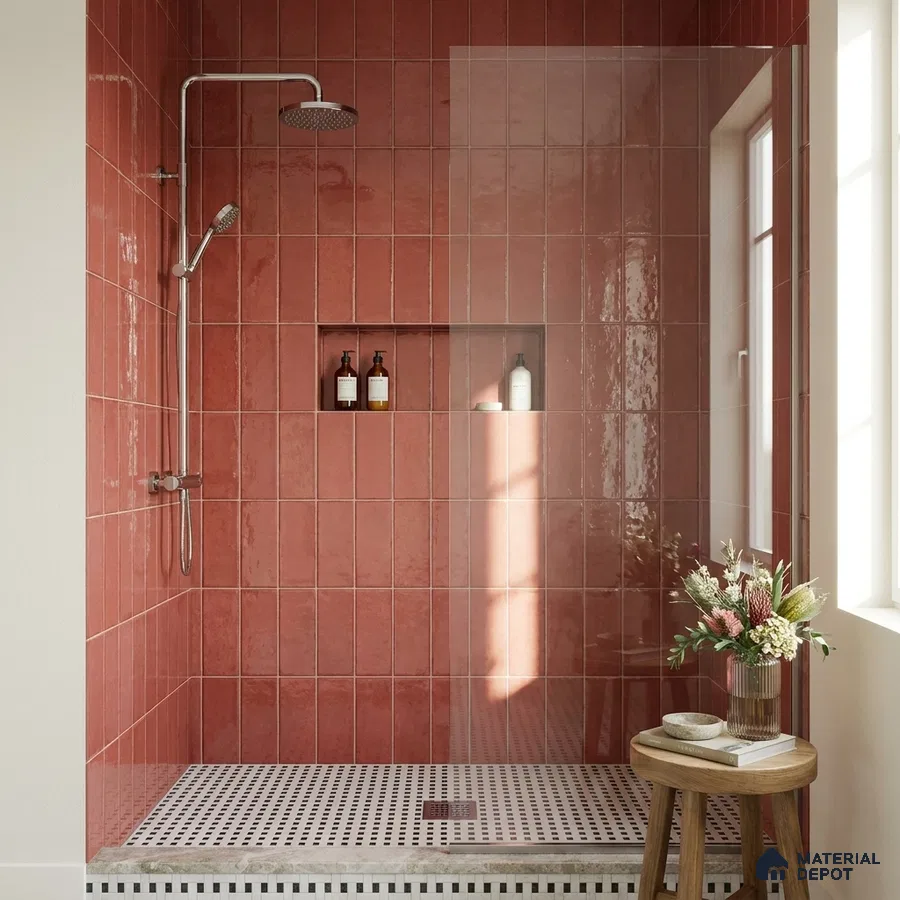 Modern Bathroom with Terracotta Red Glossy Square Tile