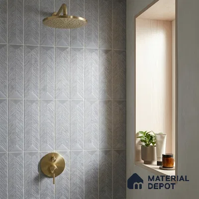 Modern Bathroom with Grey Textured Chevron Tile and Brass Fixtures