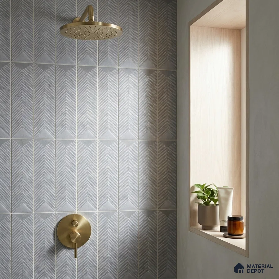 Modern Bathroom with Grey Textured Chevron Tile and Brass Fixtures