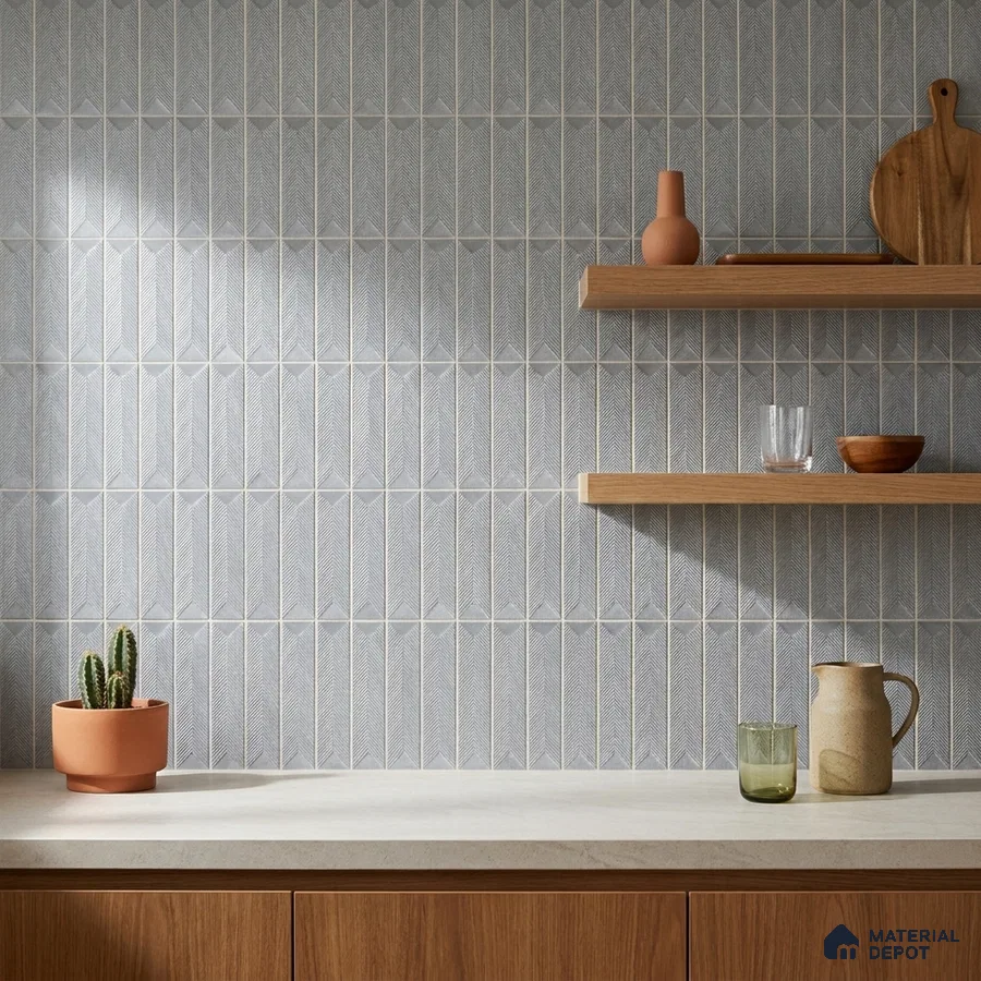 Modern Kitchen with Grey Textured Chevron Tile Backsplash