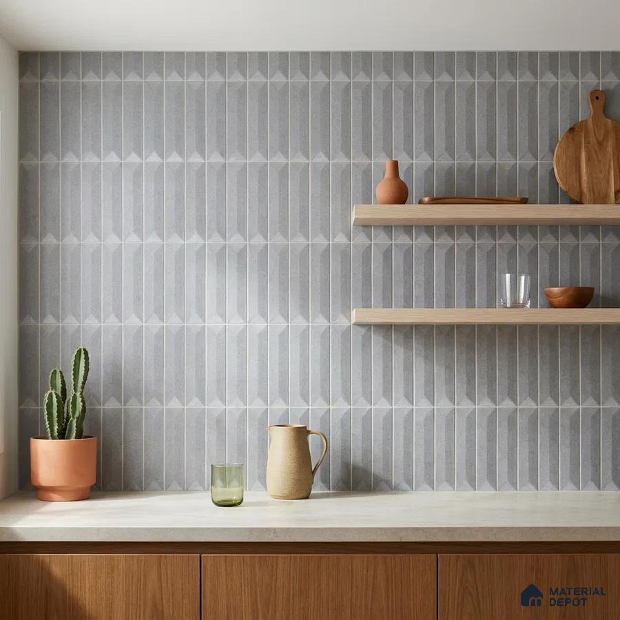 Modern Kitchen with Soft Grey Geometric Picket Tile Backsplash