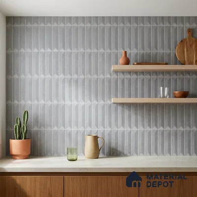 Modern Kitchen with Soft Grey Geometric Picket Tile Backsplash