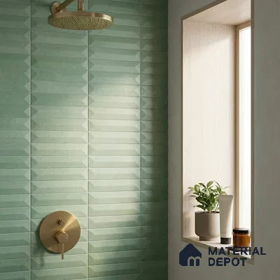 Modern Bathroom with Sage Green Geometric Picket Tile and Brass Fixtures