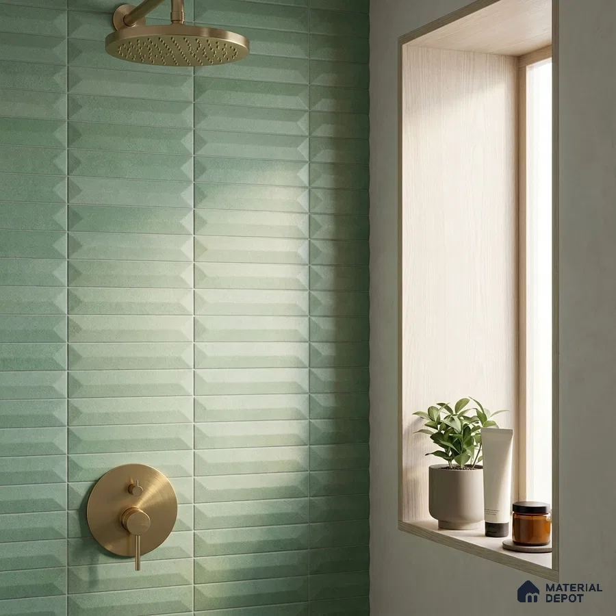Modern Bathroom with Sage Green Geometric Picket Tile and Brass Fixtures