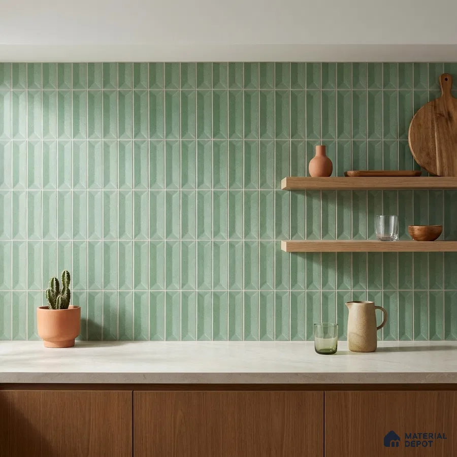 Modern Kitchen with Sage Green Geometric Picket Tile Backsplash