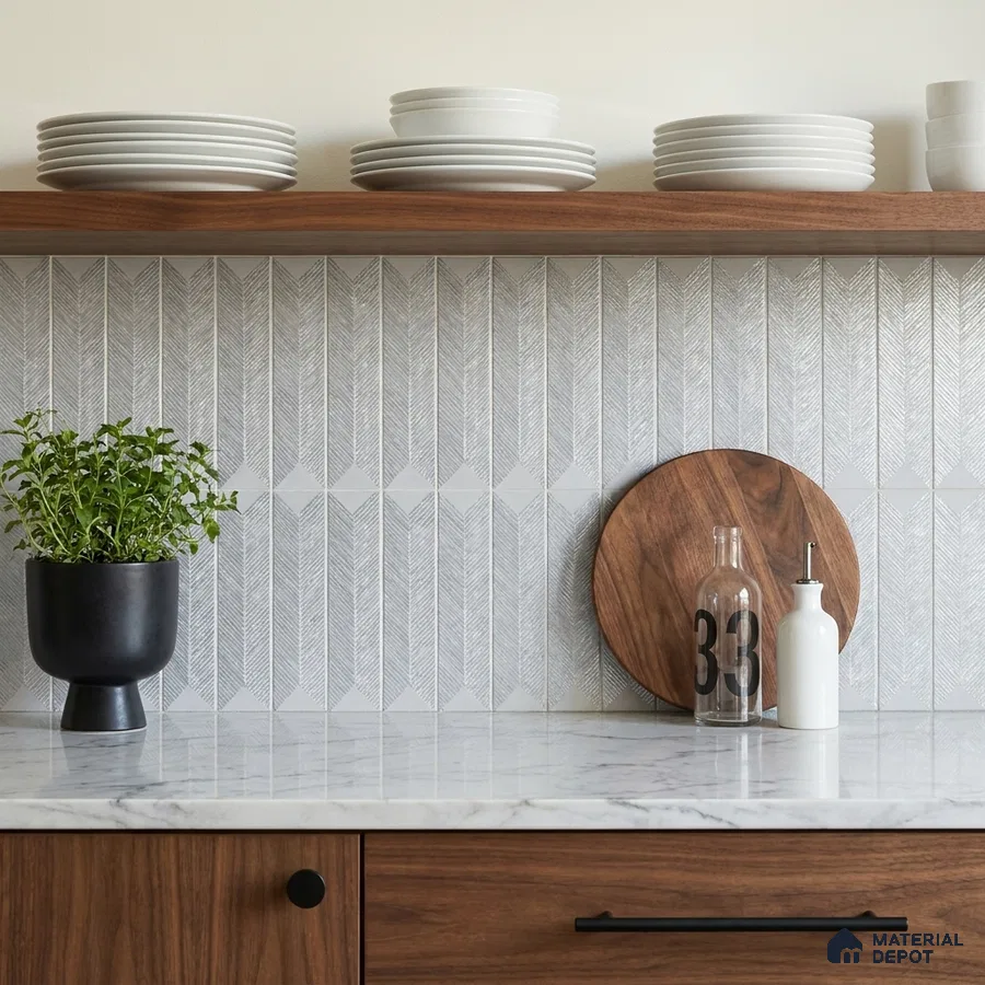 Modern Kitchen with Silver Grey Textured Chevron Tile and Marble Countertop