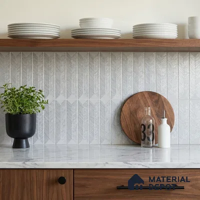 Modern Kitchen with Silver Grey Textured Chevron Tile and Marble Countertop