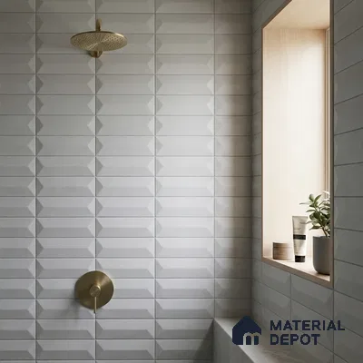Modern Bathroom with Soft Grey Geometric Picket Tile and Brass Fixtures