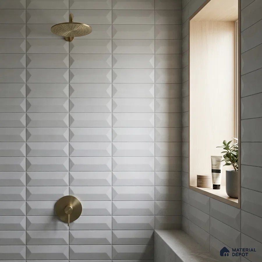Modern Bathroom with Soft Grey Geometric Picket Tile and Brass Fixtures