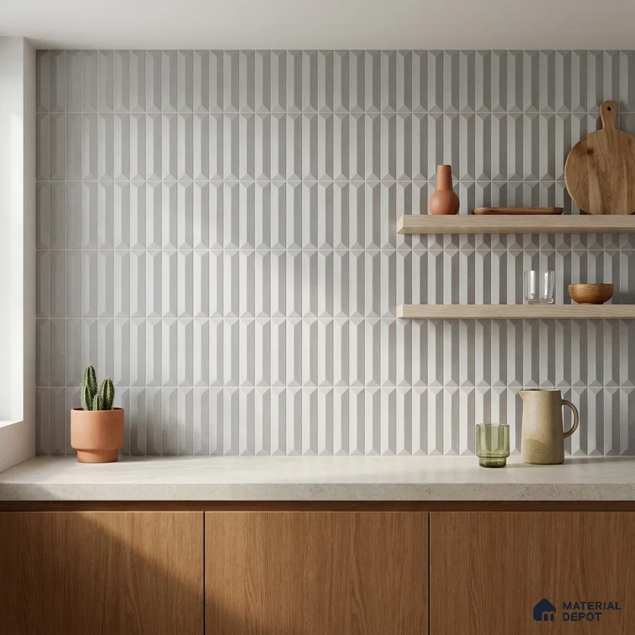 Modern Kitchen with Soft Grey Geometric Picket Tile Backsplash