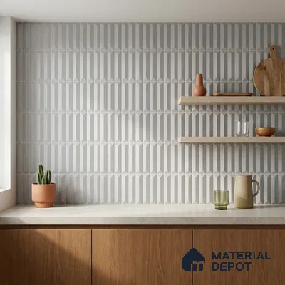 Modern Kitchen with Soft Grey Geometric Picket Tile Backsplash