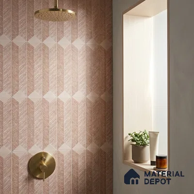 Modern Bathroom with Blush Pink Textured Chevron Tile and Brass Fixtures