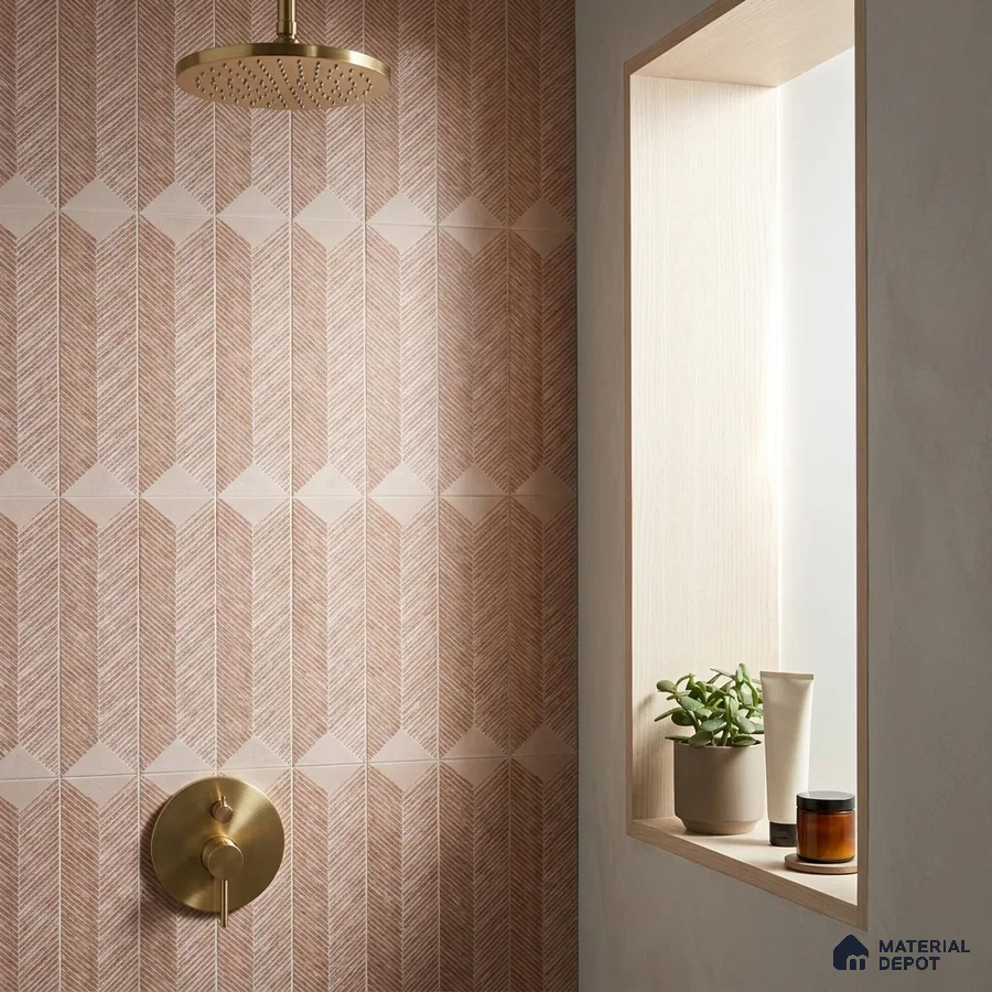 Modern Bathroom with Blush Pink Textured Chevron Tile and Brass Fixtures