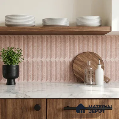 Modern Kitchen with Blush Pink Textured Chevron Tile and Marble Countertop