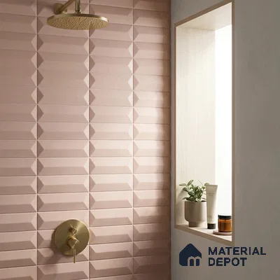 Modern Bathroom with Blush Pink 3D Geometric Picket Tile and Brass Fixtures