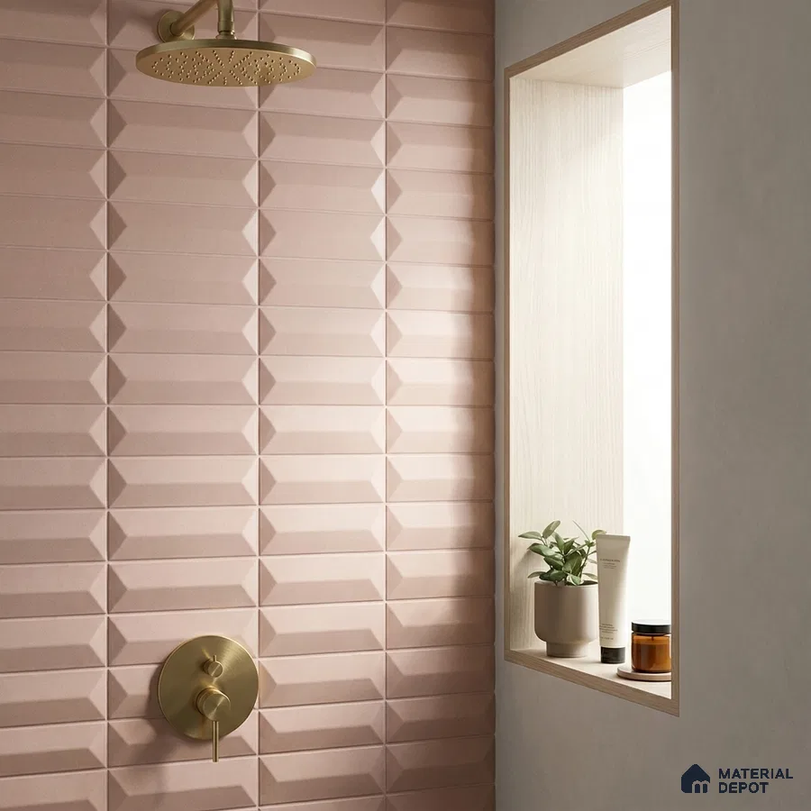 Modern Bathroom with Blush Pink 3D Geometric Picket Tile and Brass Fixtures