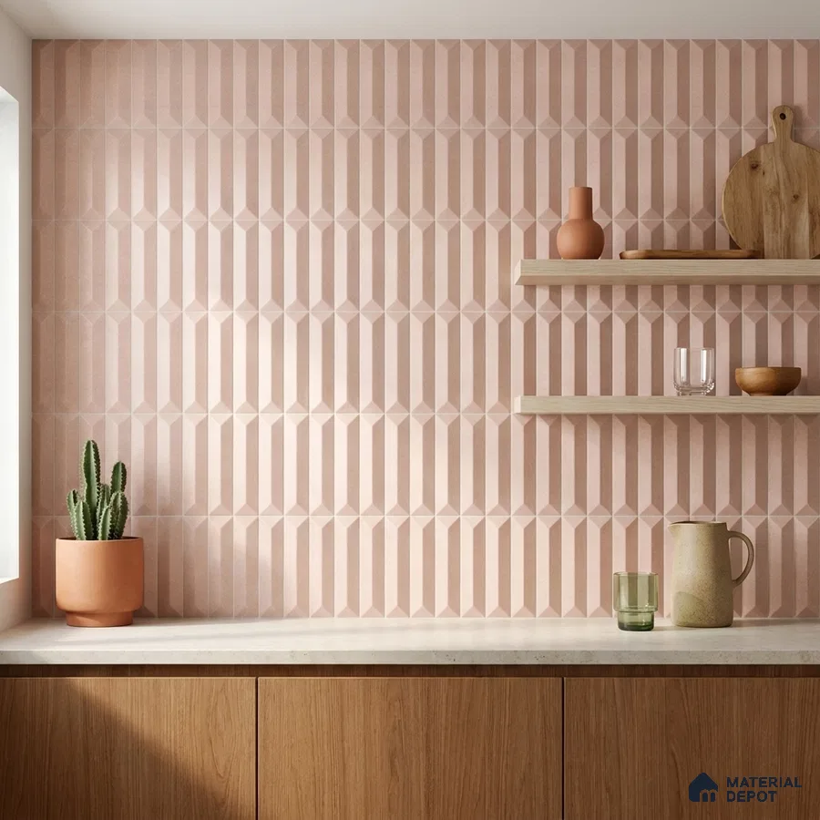 Modern Kitchen with Blush Pink Geometric Picket Tile Backsplash