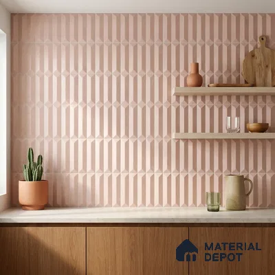 Modern Kitchen with Blush Pink Geometric Picket Tile Backsplash