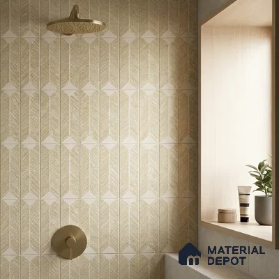 Modern Bathroom with Mustard Yellow Textured Chevron Tile and Brass Fixtures