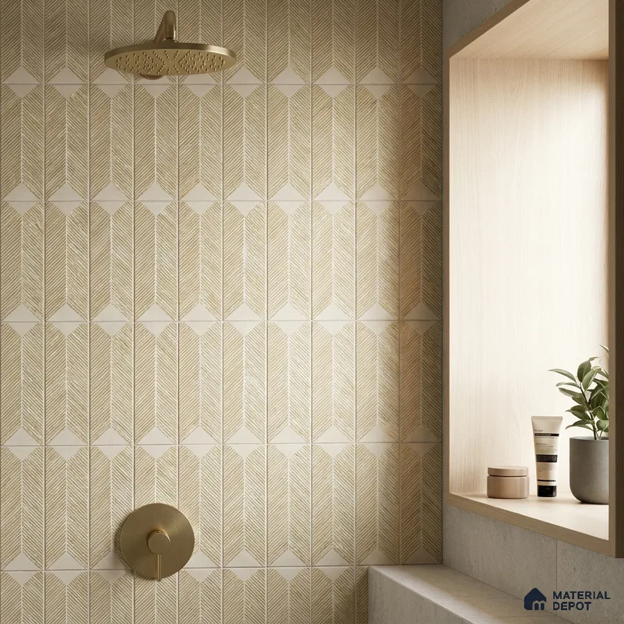 Modern Bathroom with Mustard Yellow Textured Chevron Tile and Brass Fixtures