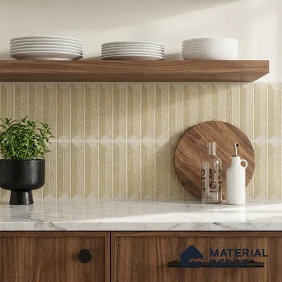 Modern Kitchen with Mustard Yellow Textured Chevron Tile and Marble Countertop