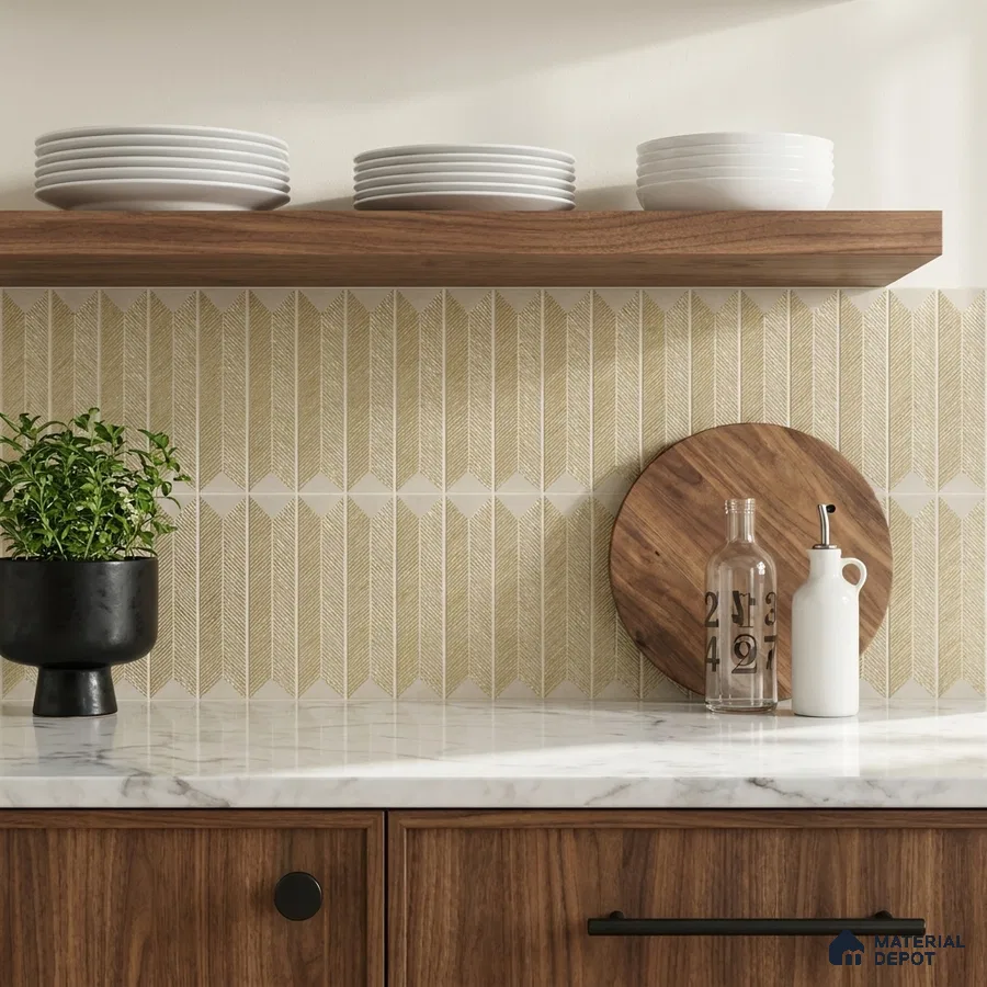Modern Kitchen with Mustard Yellow Textured Chevron Tile and Marble Countertop