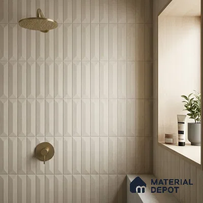 Modern Bathroom with Warm Beige Geometric Picket Tile and Brass Fixtures