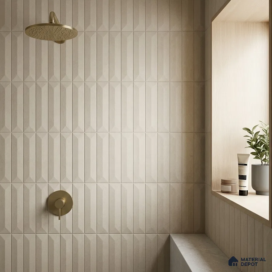 Modern Bathroom with Warm Beige Geometric Picket Tile and Brass Fixtures