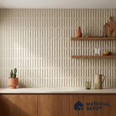 Modern Kitchen with Greige Geometric Pattern Backsplash Tile and Walnut Cabinets