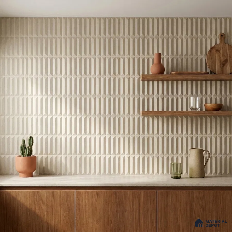 Modern Kitchen with Greige Geometric Pattern Backsplash Tile and Walnut Cabinets