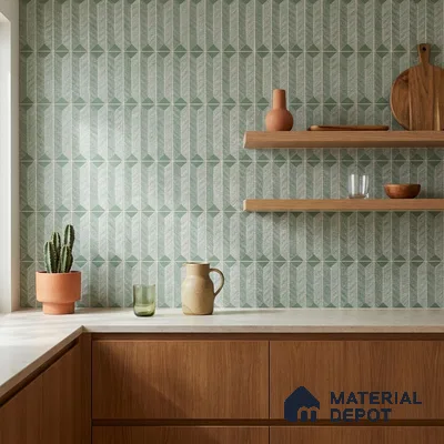 Modern Kitchen with Sage Green Geometric Pattern Backsplash Tile and Walnut Cabinets