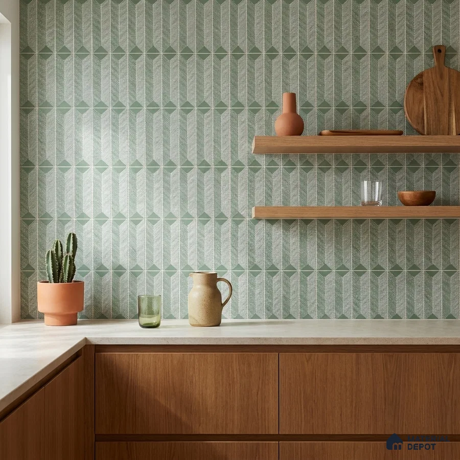 Modern Kitchen with Sage Green Geometric Pattern Backsplash Tile and Walnut Cabinets