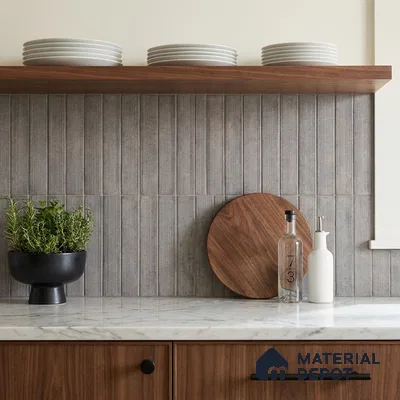 Modern Kitchen with Grey Fluted Vertical Backsplash Tile and Walnut Cabinets