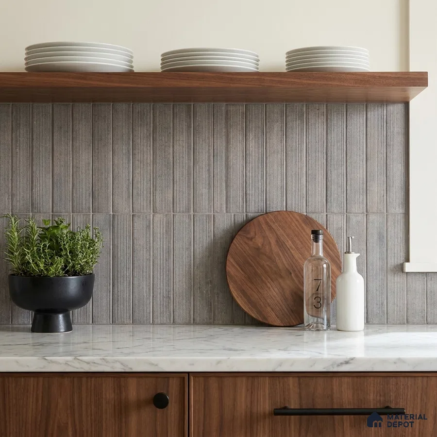 Modern Kitchen with Grey Fluted Vertical Backsplash Tile and Walnut Cabinets