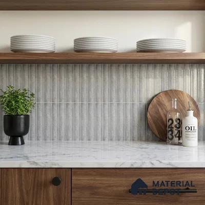 Modern Kitchen with Blue Grey Fluted Vertical Backsplash Tile and Walnut Cabinets