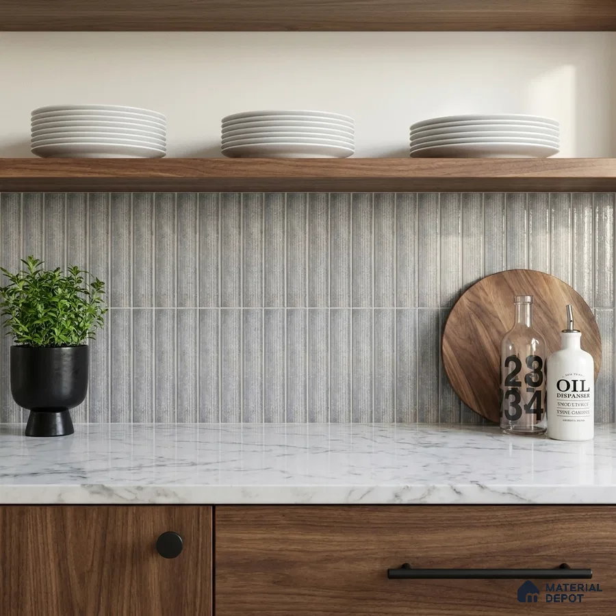Modern Kitchen with Blue Grey Fluted Vertical Backsplash Tile and Walnut Cabinets