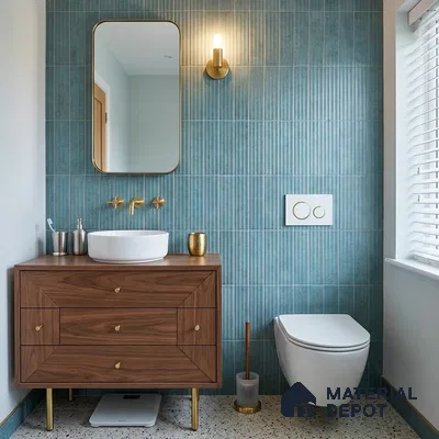Modern Bathroom with Teal Blue Fluted Wall Tile and Brass Fixtures