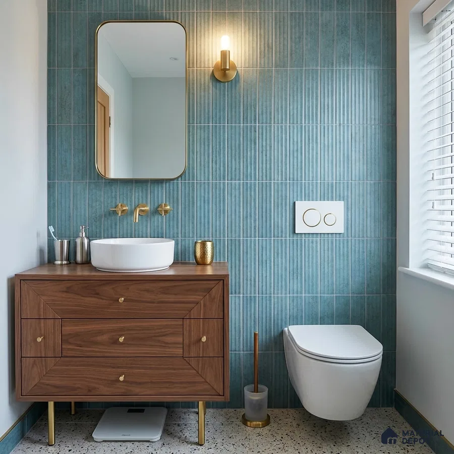 Modern Bathroom with Teal Blue Fluted Wall Tile and Brass Fixtures