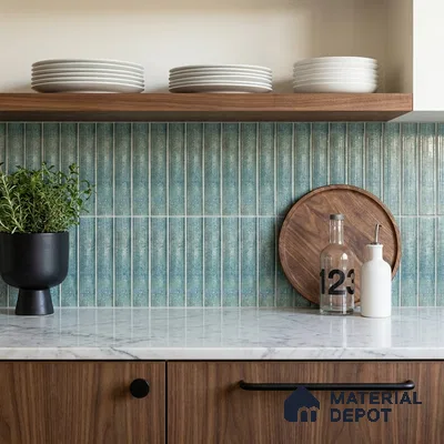 Modern Kitchen with Teal Fluted Vertical Backsplash Tile and Walnut Cabinets