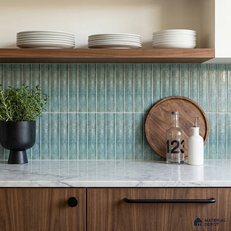 Modern Kitchen with Teal Fluted Vertical Backsplash Tile and Walnut Cabinets