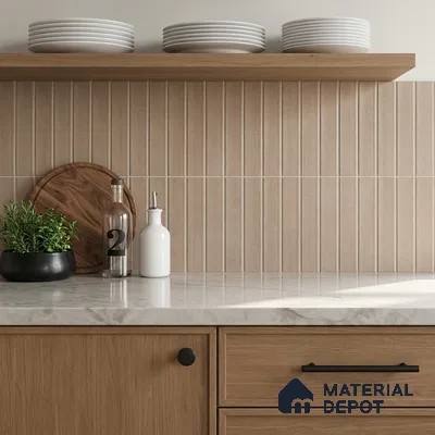 Modern Kitchen with Warm Beige Fluted Vertical Backsplash Tile and Oak Cabinets