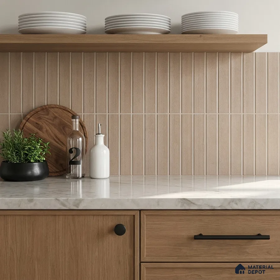 Modern Kitchen with Warm Beige Fluted Vertical Backsplash Tile and Oak Cabinets